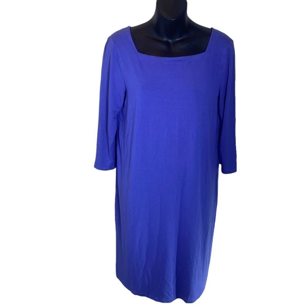 Eileen fisher blue purple 3/4 sleeve pullover boxy neck dress med